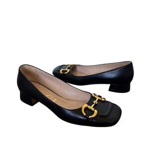 Gucci Baby Horsebit Square Toe Black Leather Block Heel Loafer Flat Pump Size 39